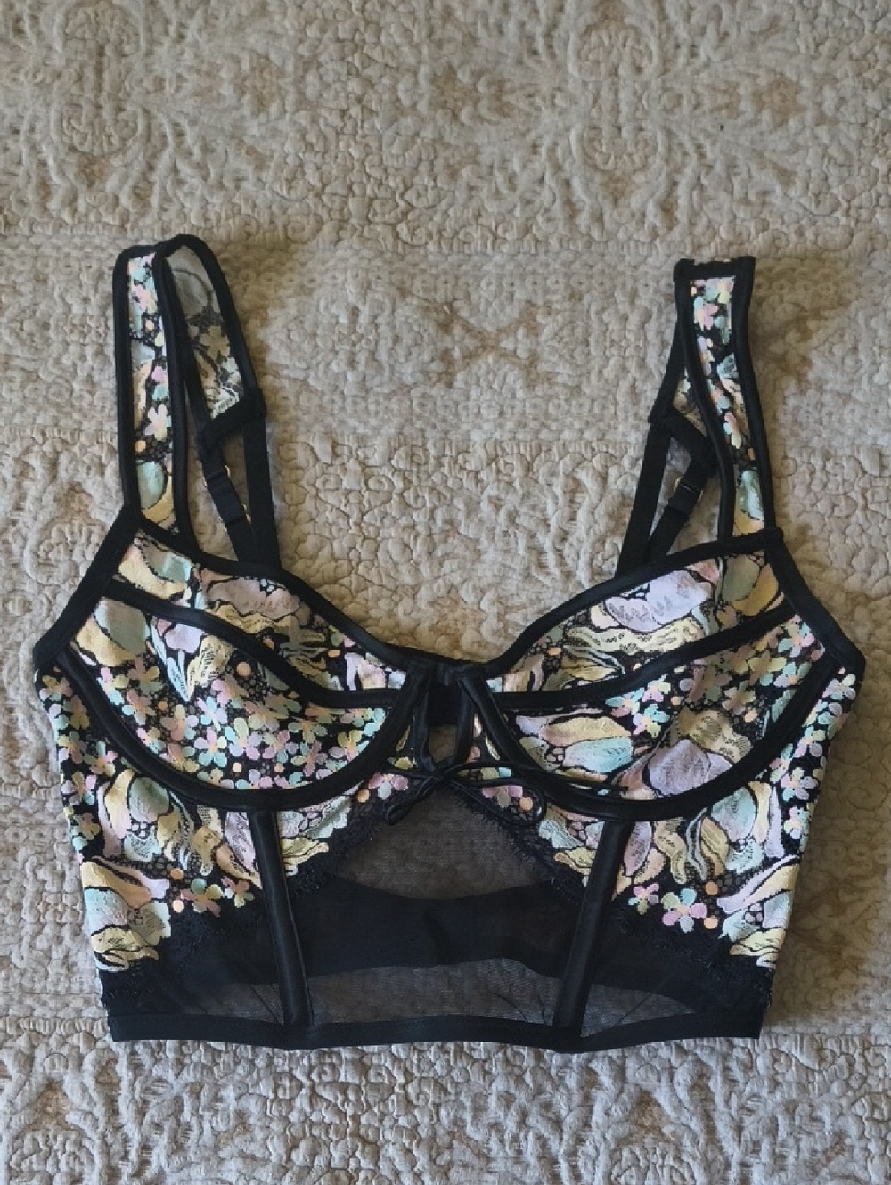 For Love And Lemons Black Longline Bralette with Pastel Floral Embroidery